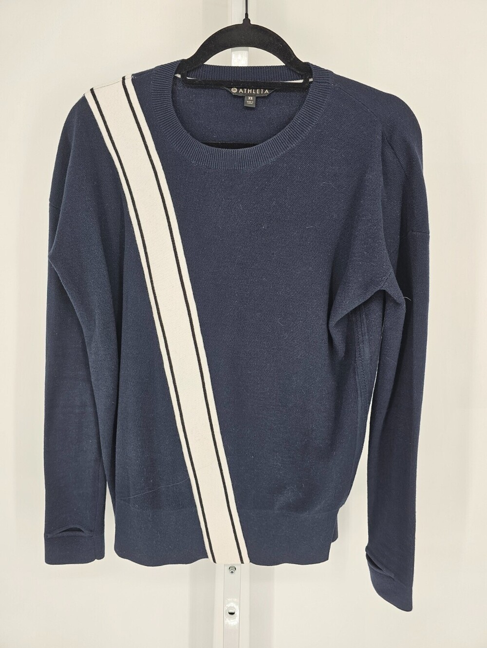 Athleta Streetwise Navy Blue Sweater White Diagonal Stripe Size XS